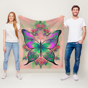 Purple Green Butterfly on Pink Fleece Blanket