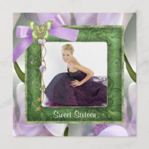 Purple Green Butterfly Photo Sweet 16 Party Invitation
