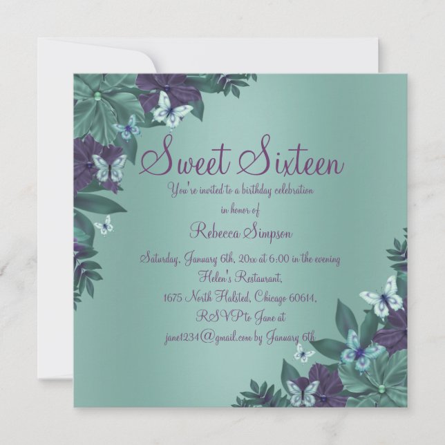 Purple & Green Butterfly Sweet 16 Invite (Front)