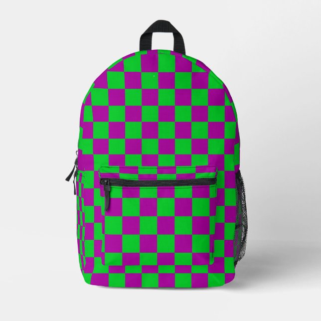 Purple Green Chequered Check Pattern Printed Backpack (Front)