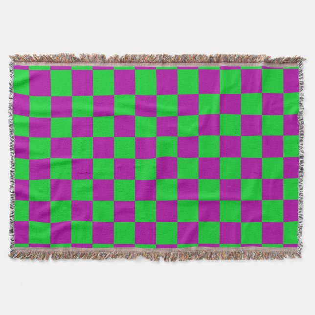 Purple Green Chequered Check Pattern Throw Blanket (Front)
