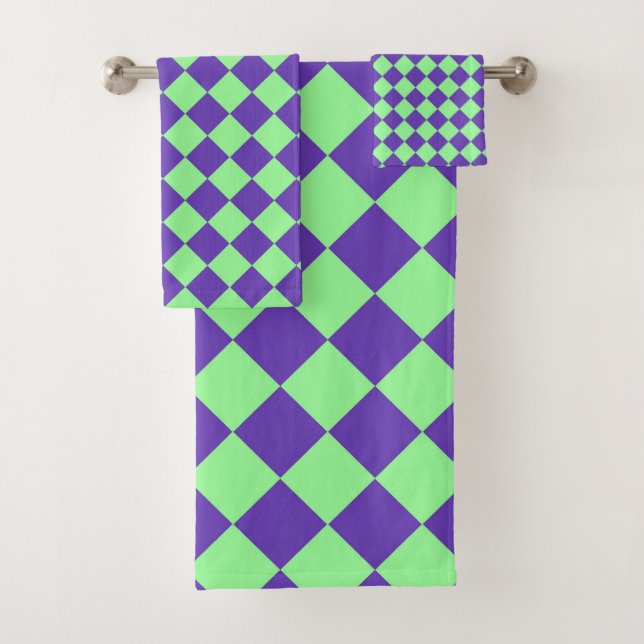Purple Green Chequered Diamond Pattern  Bath Towel Set (Insitu)