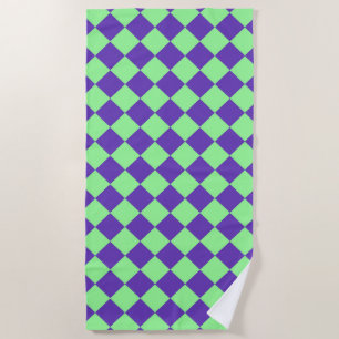 Purple Green Chequered Diamond Pattern Beach Towel