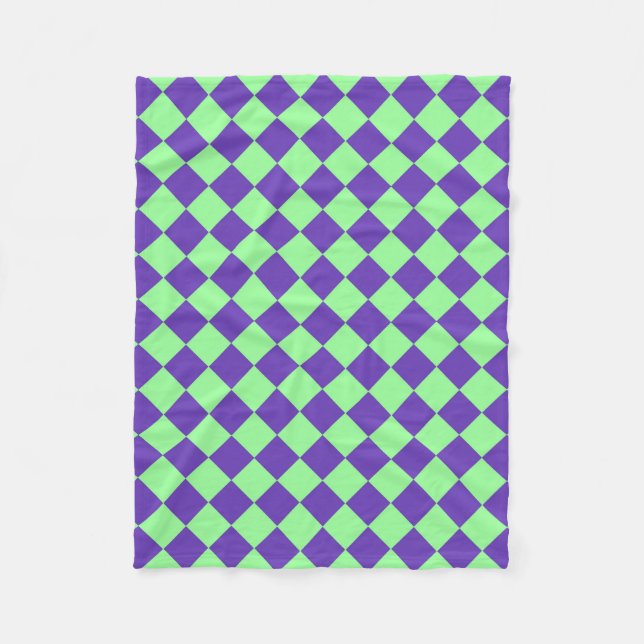 Purple Green Chequered Diamond Pattern Fleece Blanket (Front)