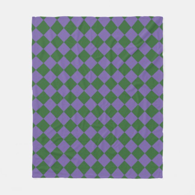 Purple Green Chequered Diamond Pattern Fleece Blanket (Front)