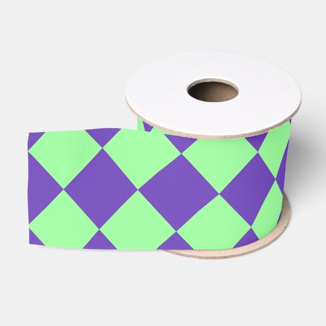 Purple Green Chequered Diamond Pattern Grosgrain Ribbon (Spool)