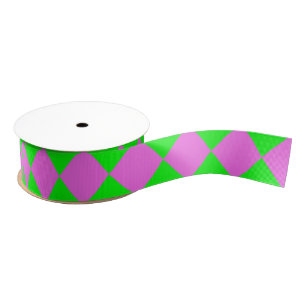 Purple Green Chequered Diamond Pattern Grosgrain Ribbon