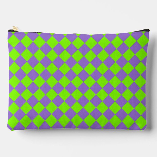 Purple Green Chequered Diamond Pattern Large Accessory Pouch (Front)