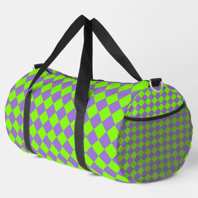 Purple Green Chequered Diamond Pattern Large Duffle Bag (Right Corner)