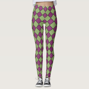 Purple Green Chequered Diamond Pattern Leggings