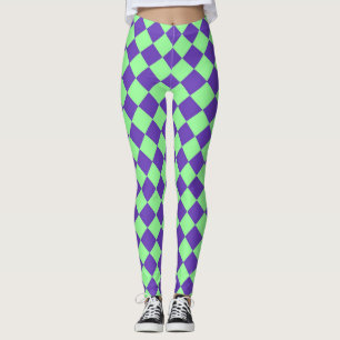 Purple Green Chequered Diamond Pattern Leggings