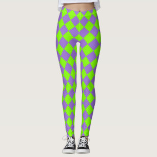 Purple Green Chequered Diamond Pattern Leggings
