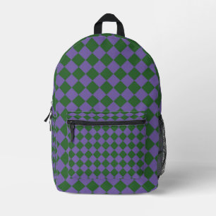 Purple Green Chequered Diamond Pattern Printed Backpack