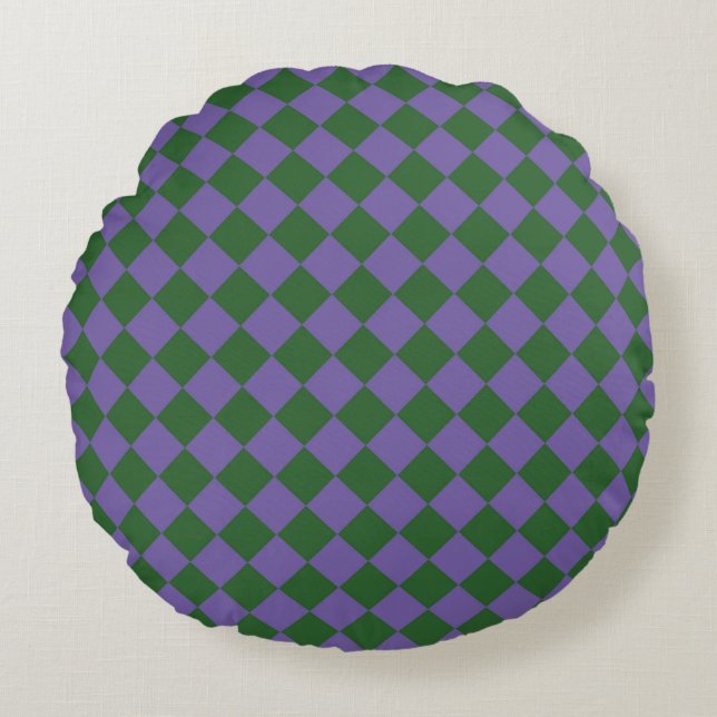 Purple Green Chequered Diamond Pattern  Round Cushion (Front)