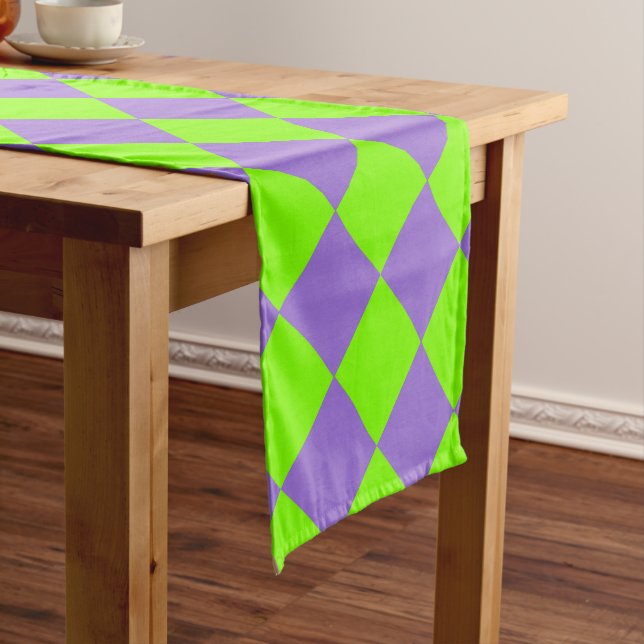 Purple Green Chequered Diamond Pattern Short Table Runner (In Situ)