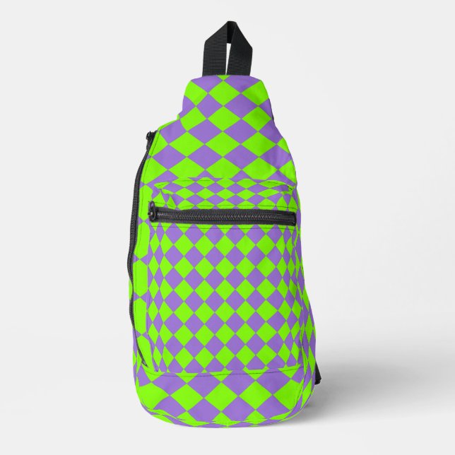 Purple Green Chequered Diamond Pattern Sling Bag (Front)