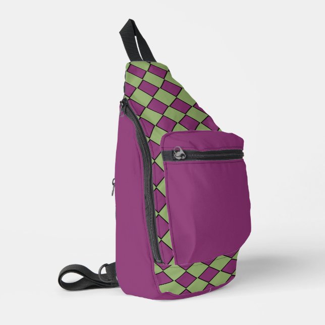 Purple Green Chequered Diamond Pattern Sling Bag (Left Corner)