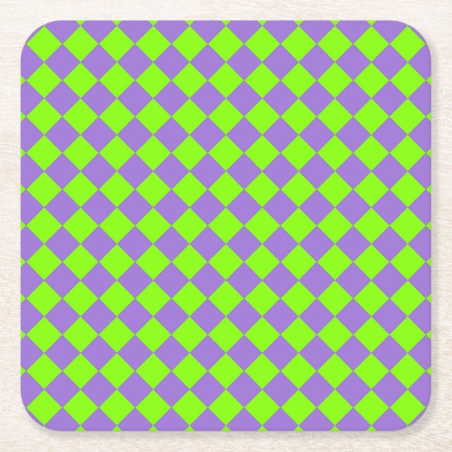 Purple Green Chequered Diamond Pattern Square Paper Coaster (Front)