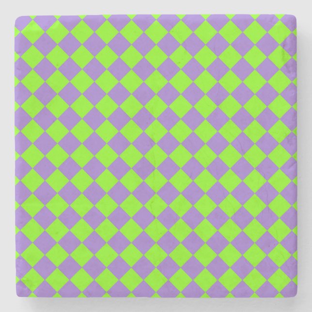 Purple Green Chequered Diamond Pattern Stone Coaster (Front)
