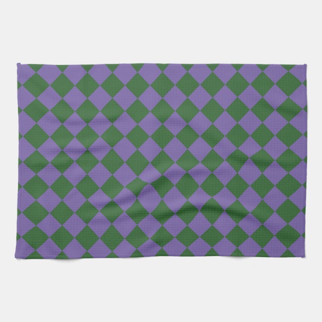 Purple Green Chequered Diamond Pattern  Tea Towel (Horizontal)