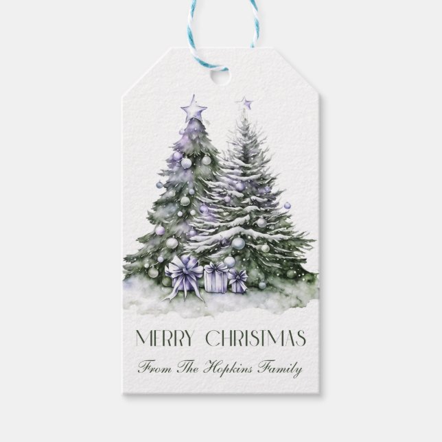 Purple & Green Christmas Trees Gift Tag (Front)