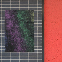 Purple-green cosmic gradient, dark shadows.