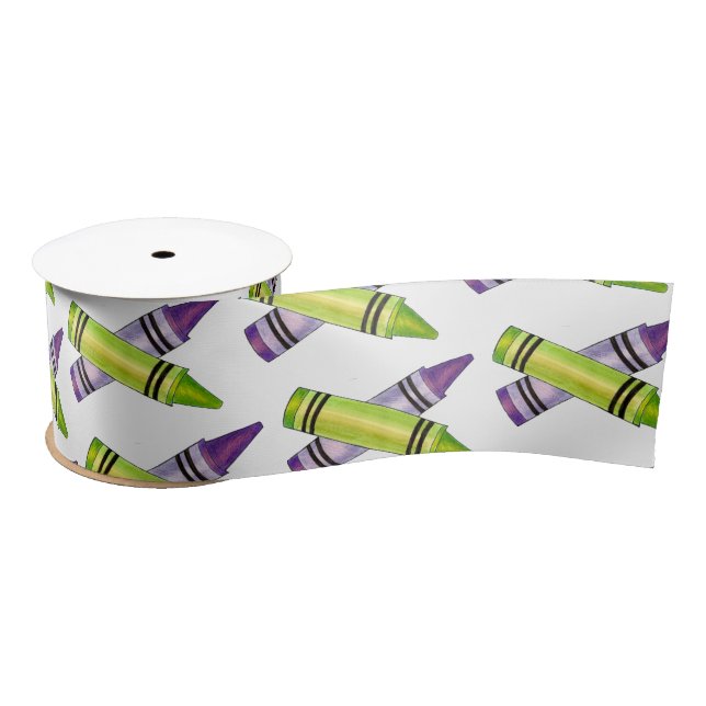 Purple Green Crayon Art Supplies Teacher Artist  Satin Ribbon (Spool)