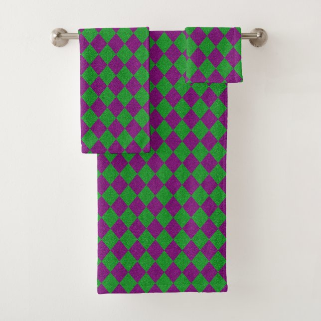 Purple & Green Diamond Glitter Bath Towel Set (Insitu)