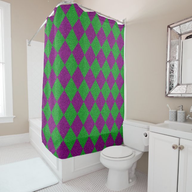 Purple & Green Diamond Glitter Shower Curtain (In Situ)