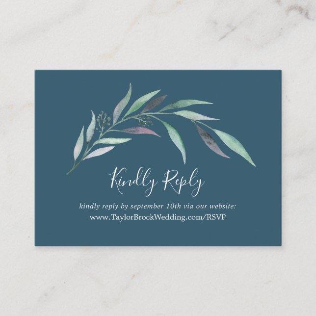 Purple Green Eucalyptus Blue Wedding Website RSVP Enclosure Card (Front)