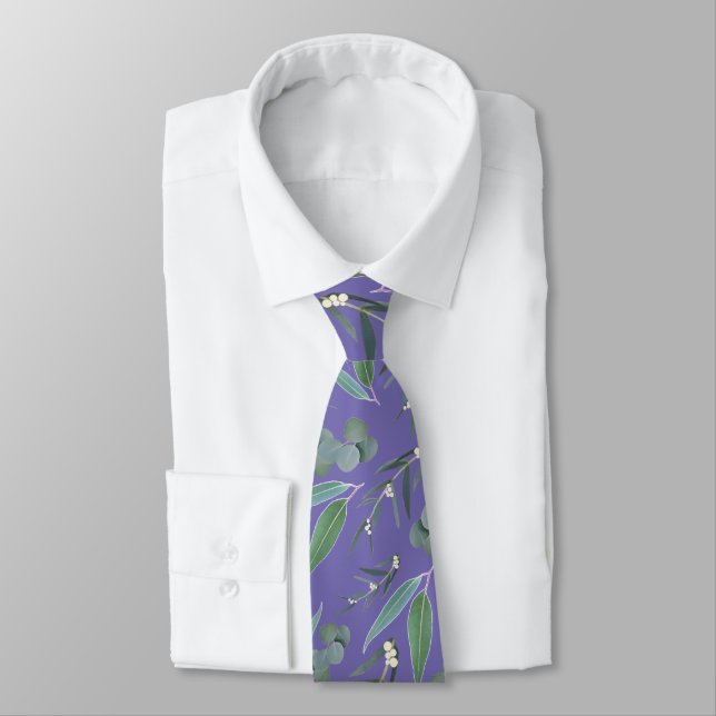 Purple & Green Eucalyptus Greenery Pattern Tie (Tied)