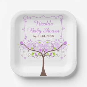 Purple & Green Floral Bird Baby Shower Paper Plate