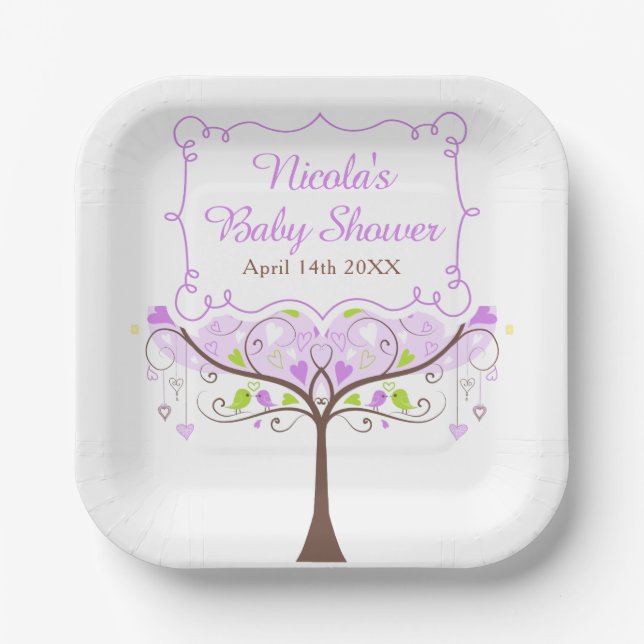 Purple & Green Floral Bird Baby Shower Paper Plate (Front)