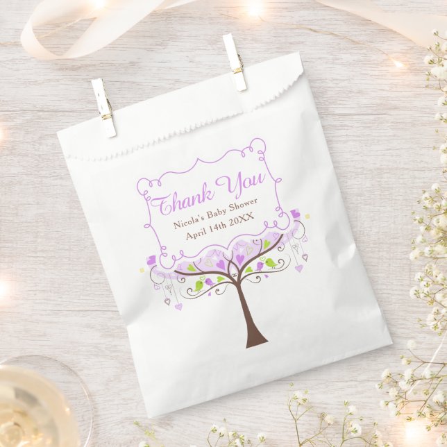 Purple & Green Floral Bird Baby Shower Thank You Favour Bags (Clipped)