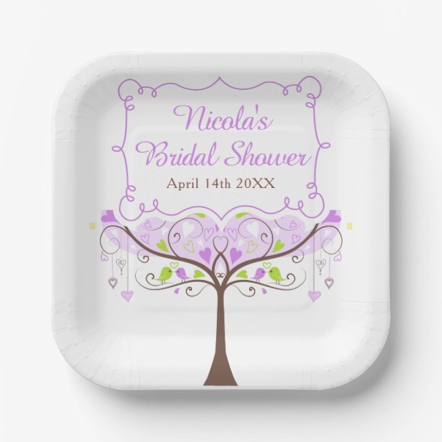 Purple & Green Floral Bird Bridal Shower  Paper Plate (Front)