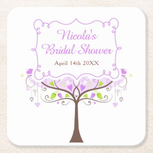 Purple & Green Floral Bird Bridal Shower Square Paper Coaster