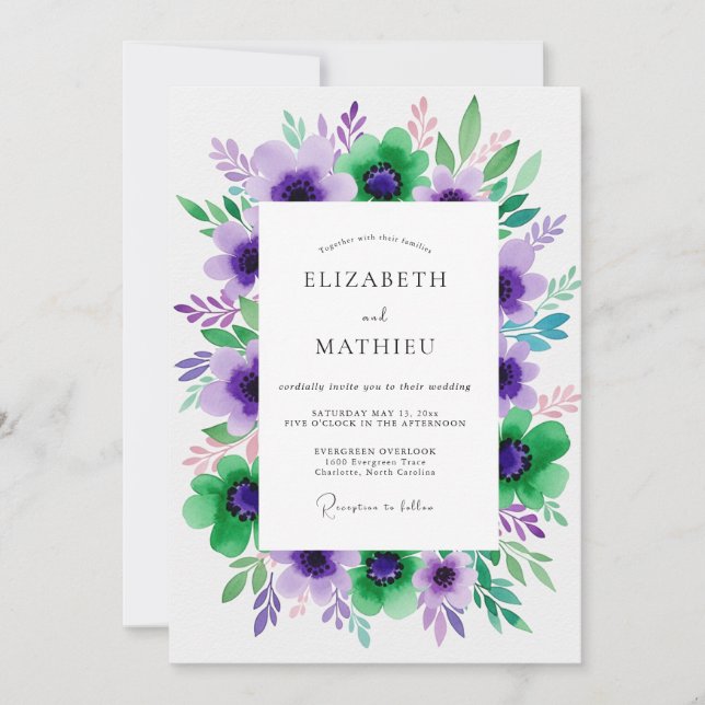 Purple Green Floral Bloom Wedding Invitation (Front)