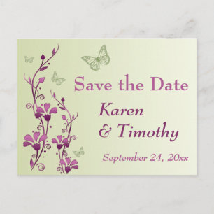 Purple, Green Floral, Butterflies Save the Date Announcement Postcard