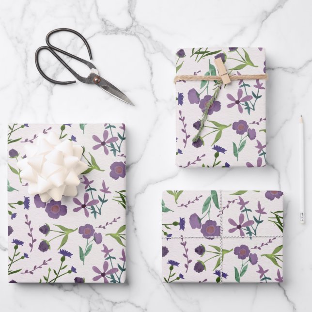 Purple Green Floral Feminine Watercolor  Wrapping Paper Sheet (Front)