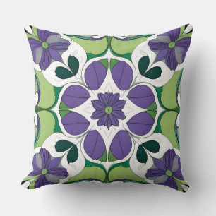 Purple Green Floral Medallion Botanical Geometric Cushion