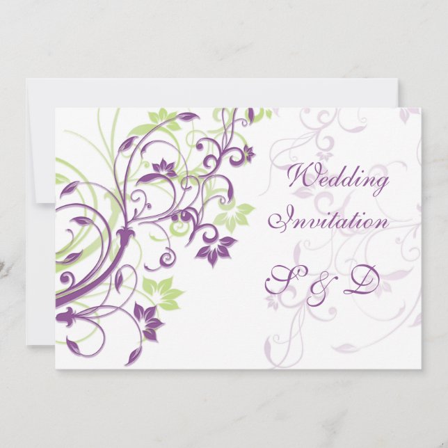 Purple green floral swirls Wedding Invitation (Front)