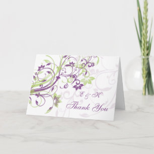 Purple green floral swirls Wedding Thank You card