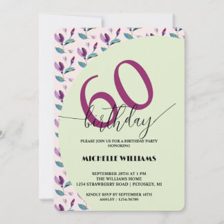 Purple Green Floral Watercolor Birthday Invitation