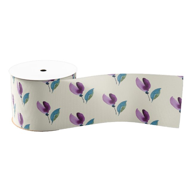 Purple Green Floral Watercolor Hand-painted Grosgrain Ribbon (Spool)