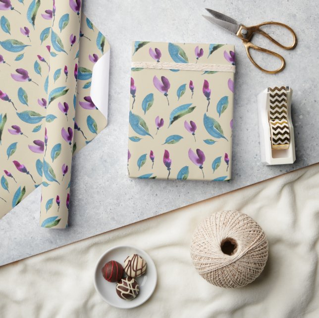 Purple Green Floral Watercolor Hand-painted Wrapping Paper (Crafts)