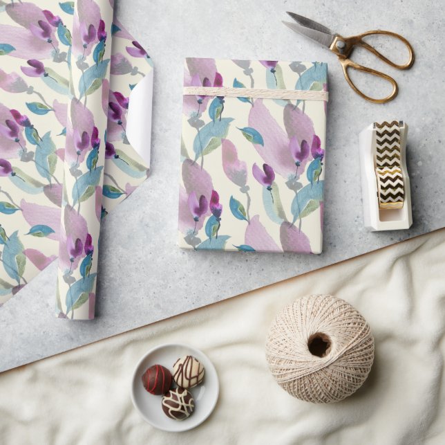 Purple Green Floral Watercolor Hand-painted Wrapping Paper (Crafts)