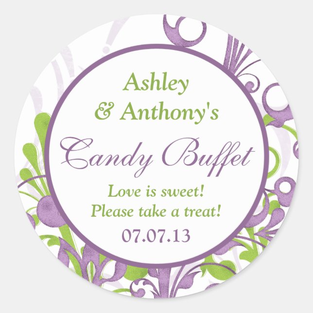 Purple Green Floral Wedding Candy Buffet Stickers (Front)