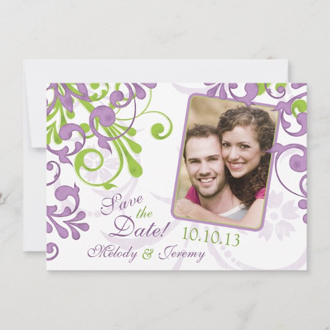 Purple Green Floral Wedding Photo Save the Date (Front)
