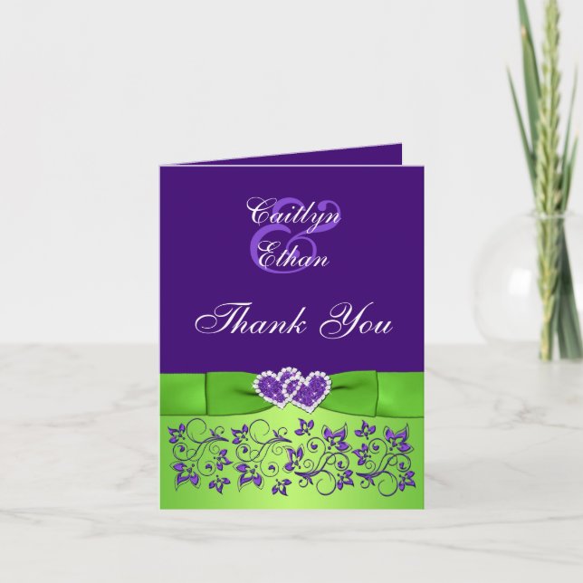 Purple, Green Floral Wedding PHOTO Thank You Card (Front)