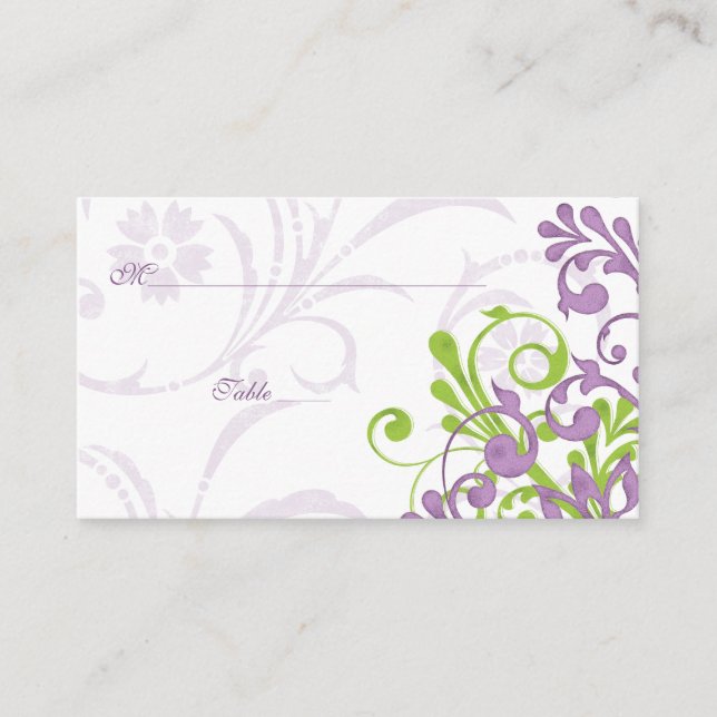 Purple Green Floral Wedding Place or Escort Cards (Front)